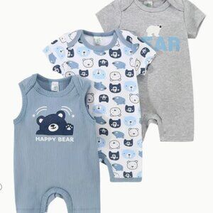 NWT Paylfang 3 Pack Baby Boy Bear One Piece Jumpers Short Sleeve. Blue
